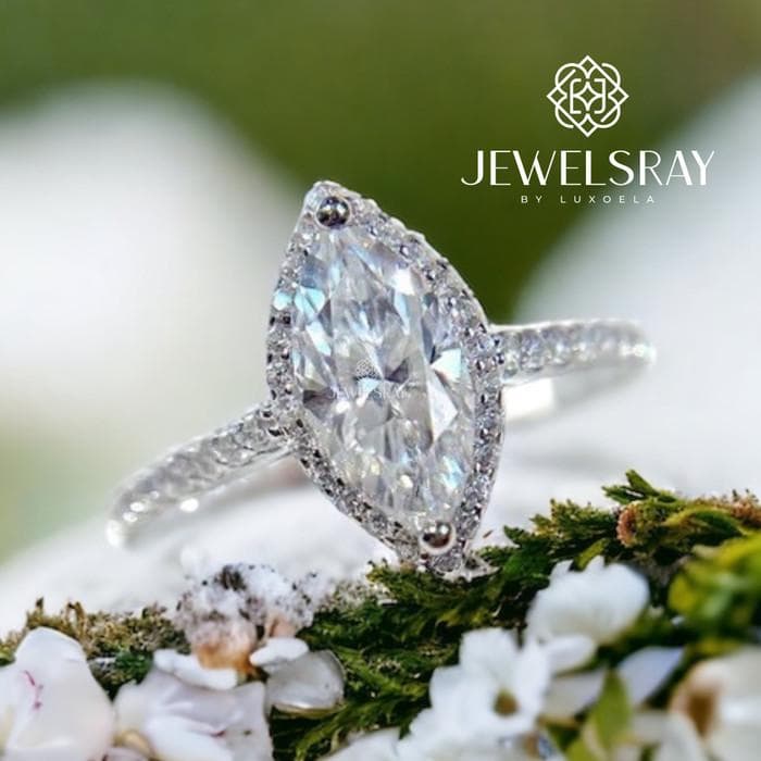 Cincin Myrcella Marquise Ring 2 Carat Moissanite Diamond Look Kawin Perhiasan Permata Hadiah