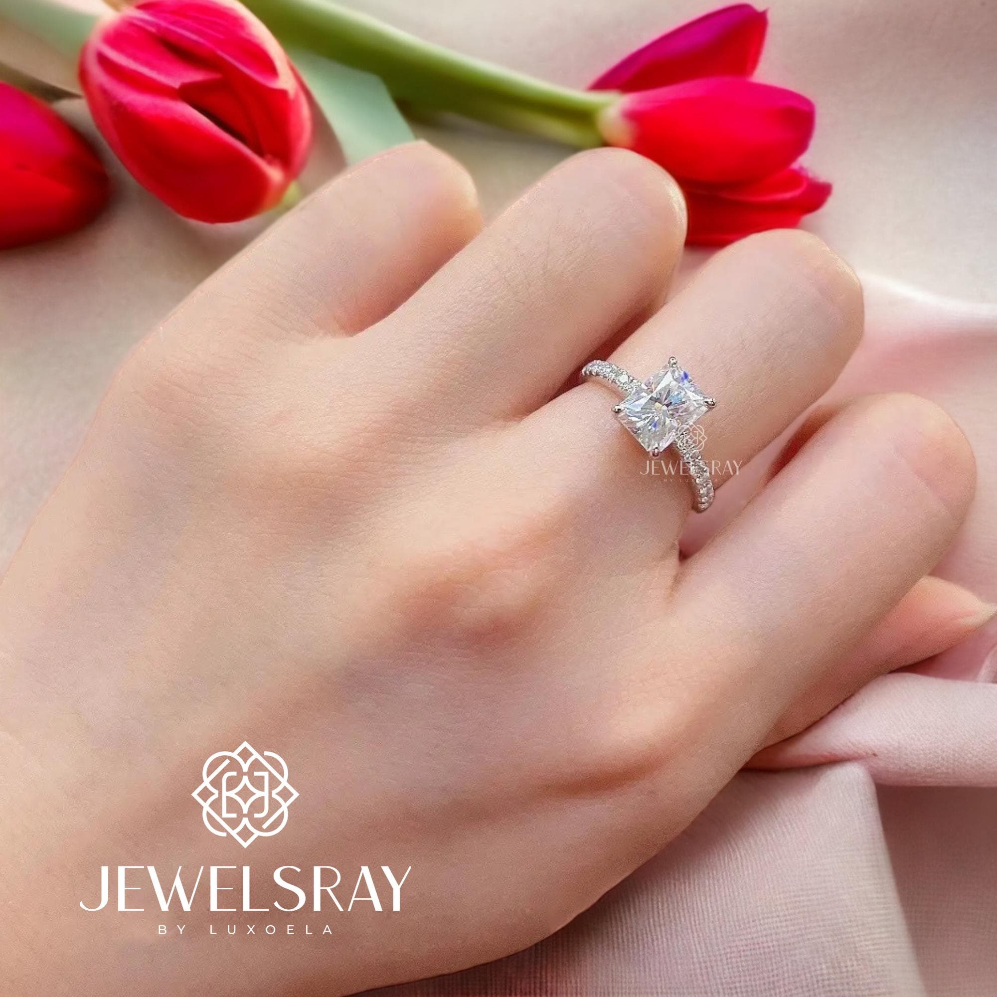 Cincin Mauve Radiant Ring 1 Carat Moissanite Diamond Look Kawin