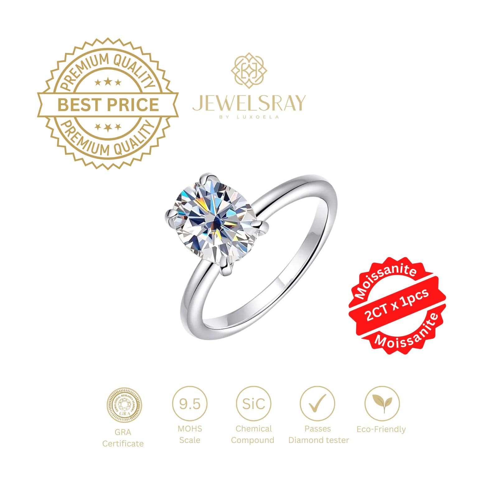 Cincin Diva Classic Oval Ring Moissanite 2 ct Diamond Look Jewelsray
