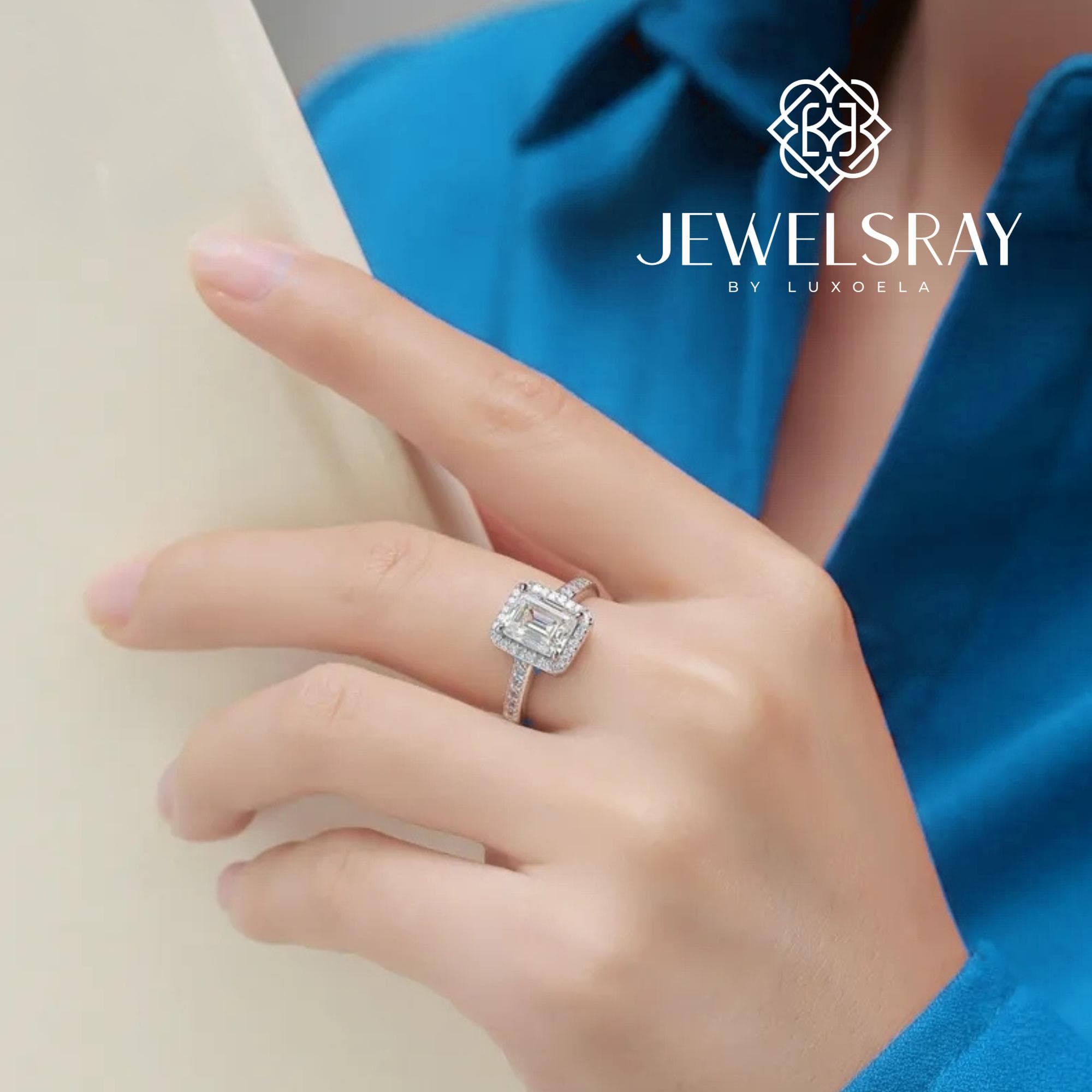 Cincin Kawin Mavis Ring Moissanite Emerald Cut 2 Carat Diamond Look