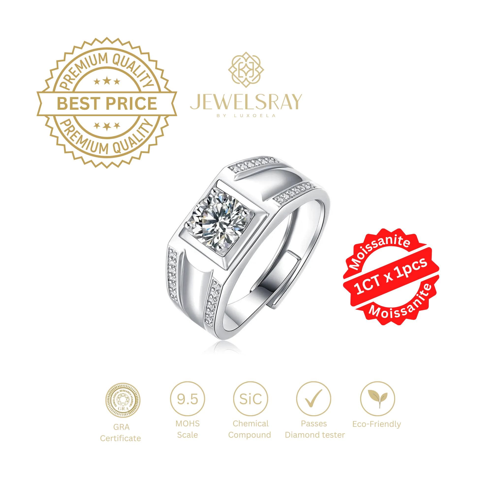 Cincin Pria Aaron Moissanite Man Ring Adjustable Elegant Fancy Ring