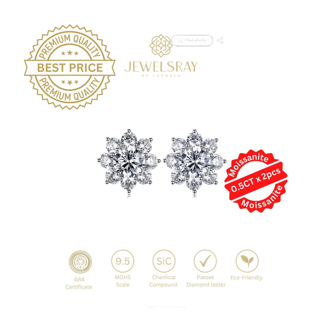 Azzure Earrings Moissanite - Diamond Look Anting Berlian Setting Gold