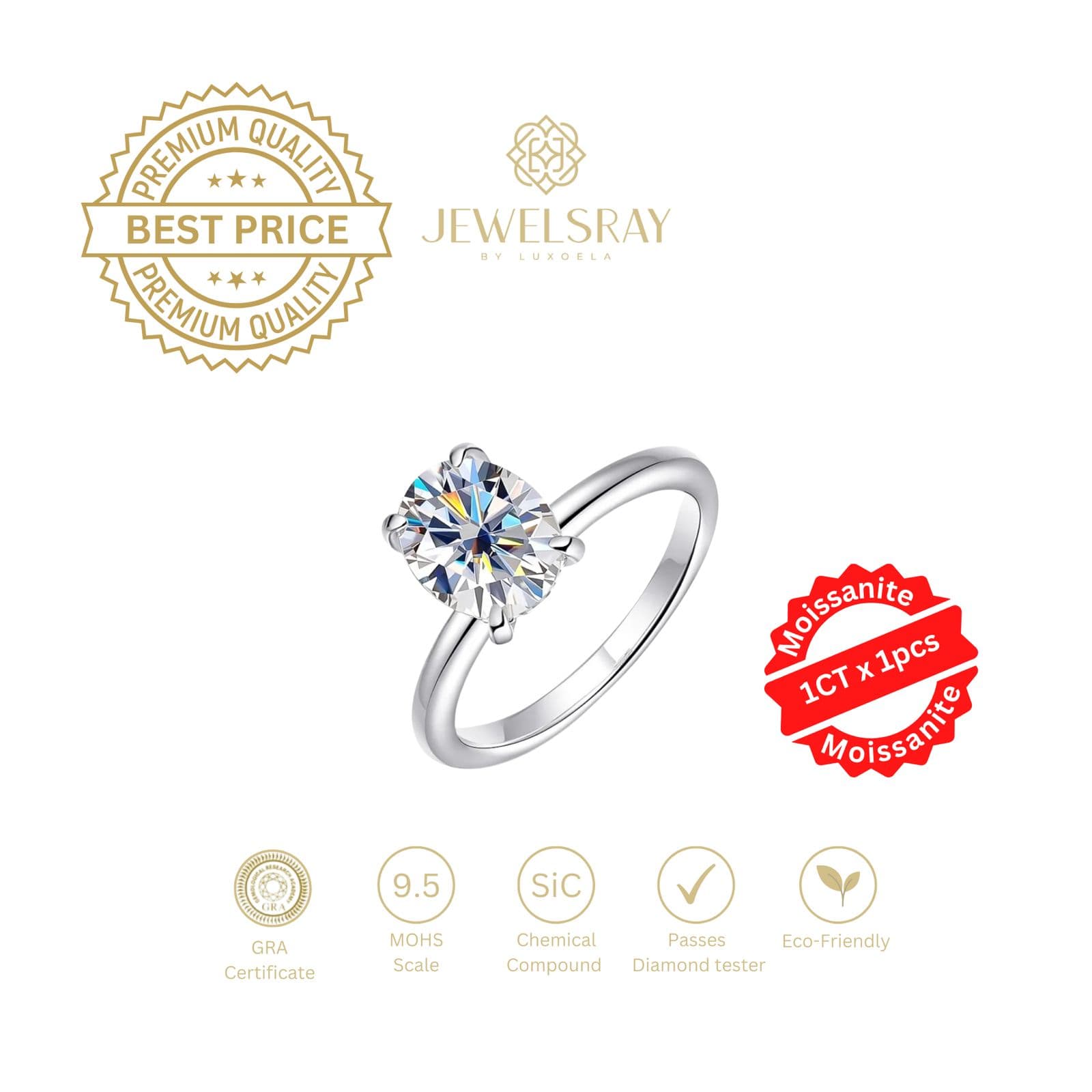 Diva Classic Oval Ring Cincin Moissanite 1 ct Diamond Look Jewelsray