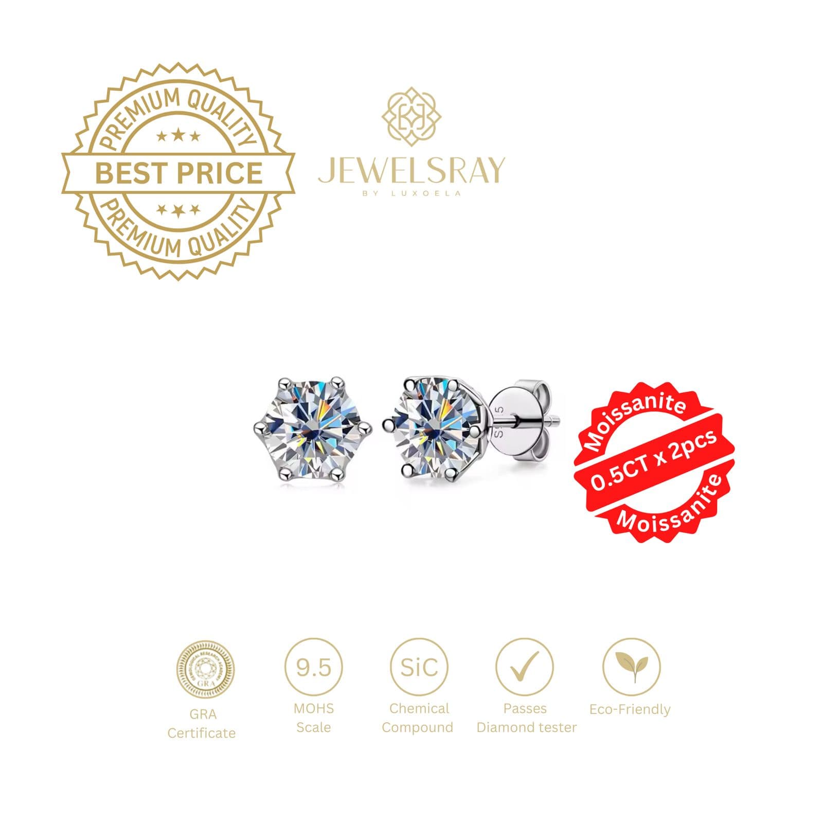 Anting Rory Moissanite Earrings 0.5 Carat Perhiasan Elegant Solitaire Fancy Diamond Look Jewelry Kawin Tunangan Wedding Engagement Lamaran Married Bridal Jewelsray Intan Permata Luxoela 0.5 Carat