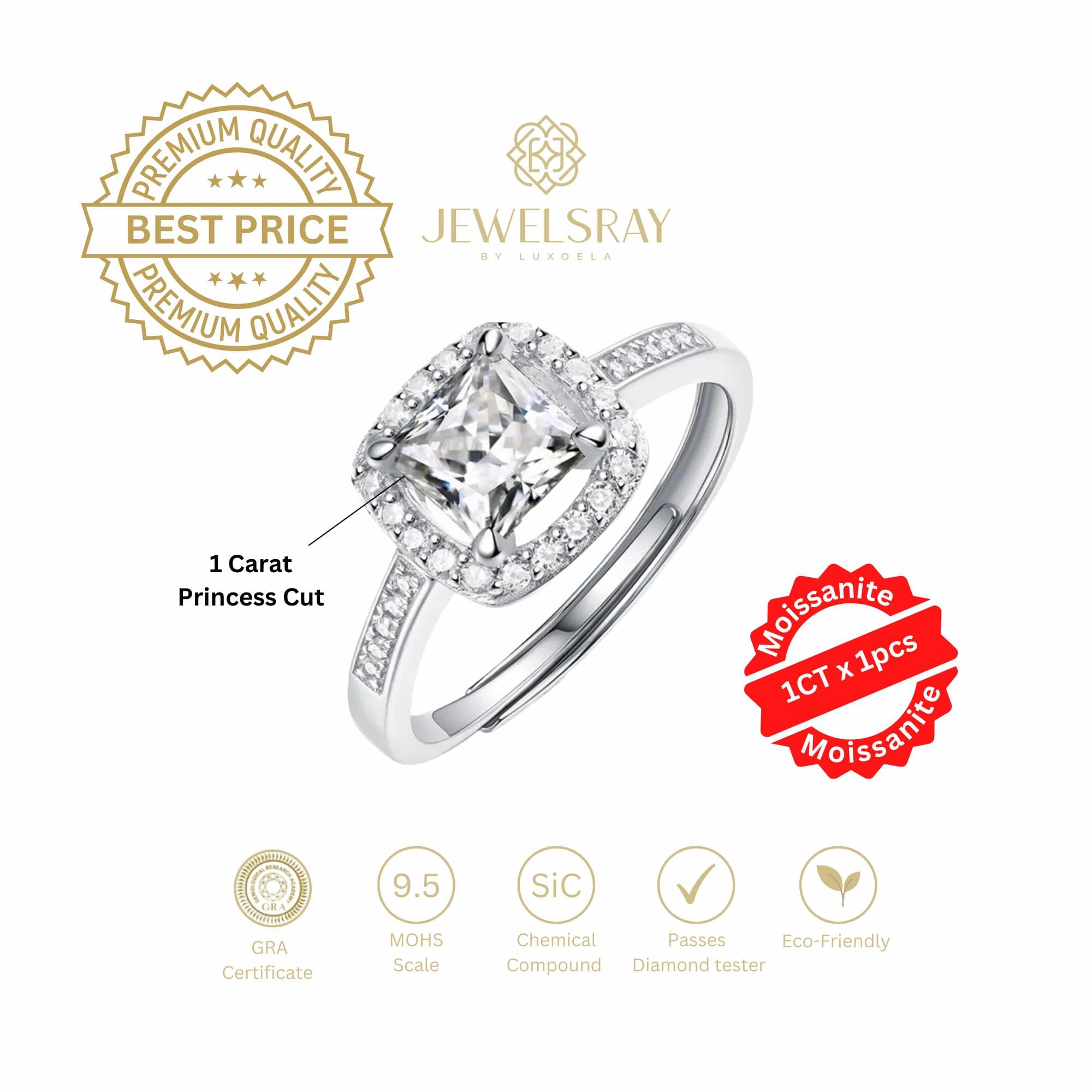 Cincin Kawin Credence Ring Moissanite - Princess Cut 1 Ct Diamond Look