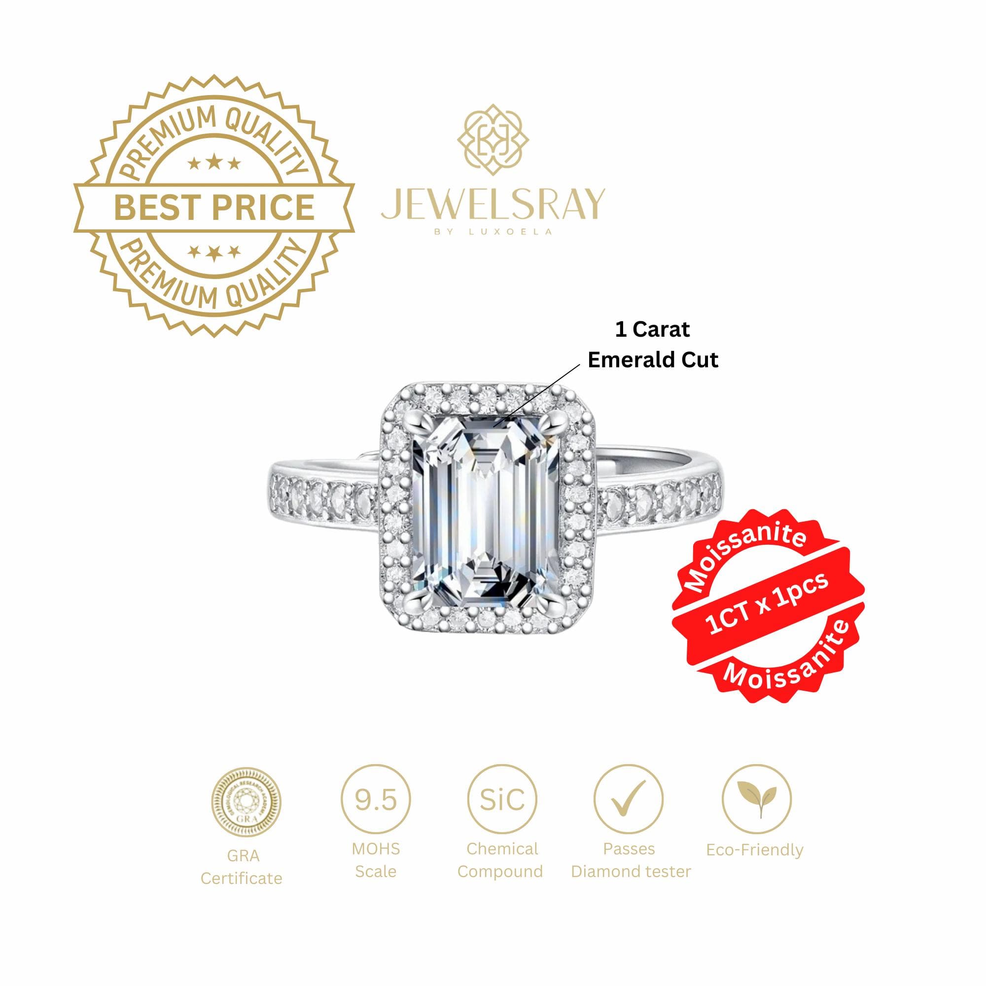 Cincin Kawin Mavis Ring Moissanite - Emerald Cut 1 Carat Diamond Look