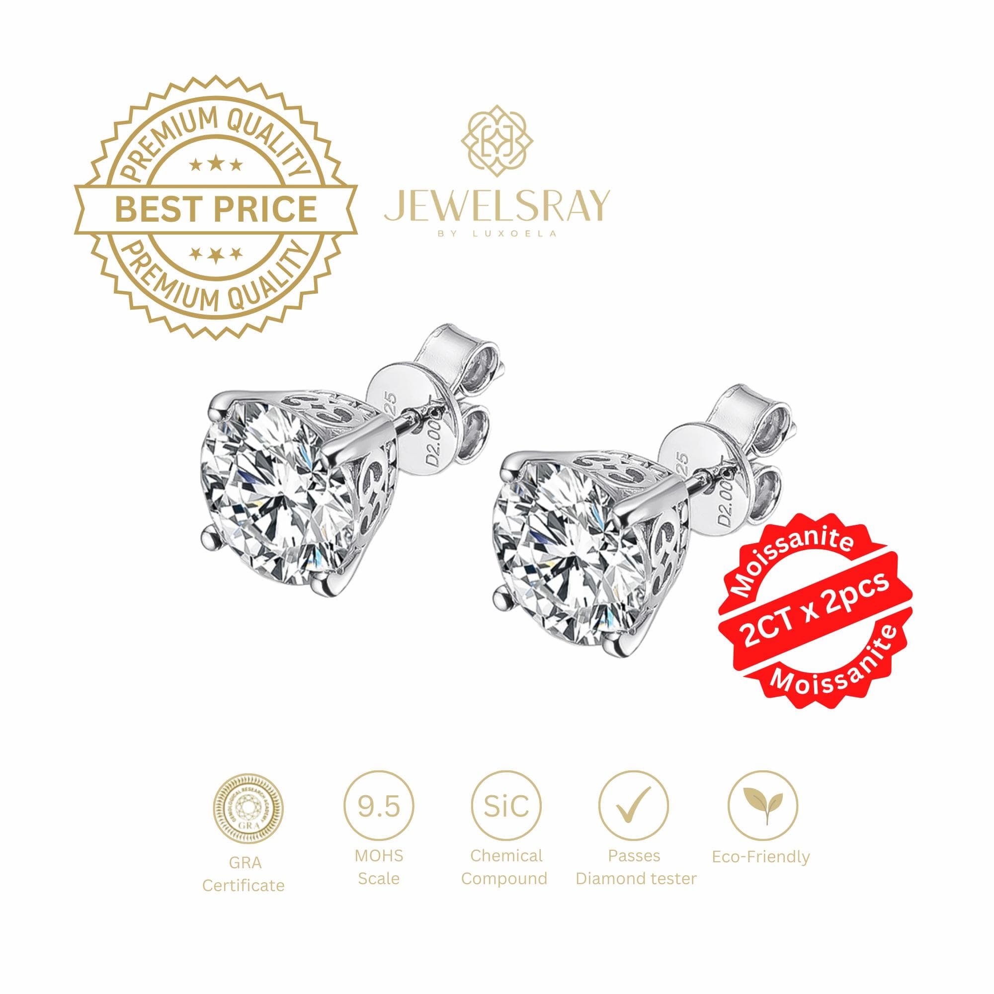 Throne Earrings Moissanite 2 CT - Diamond Look Anting Berlian Setting