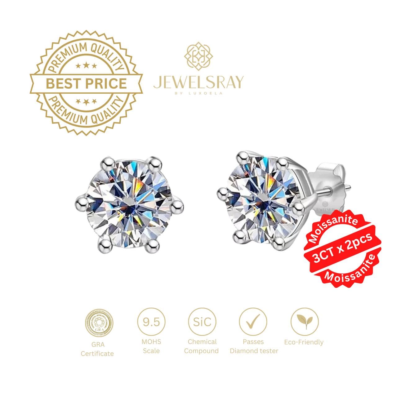 Anting model Eleanor Earrings Moissanite - Diamond Look 6 Carat / Pair