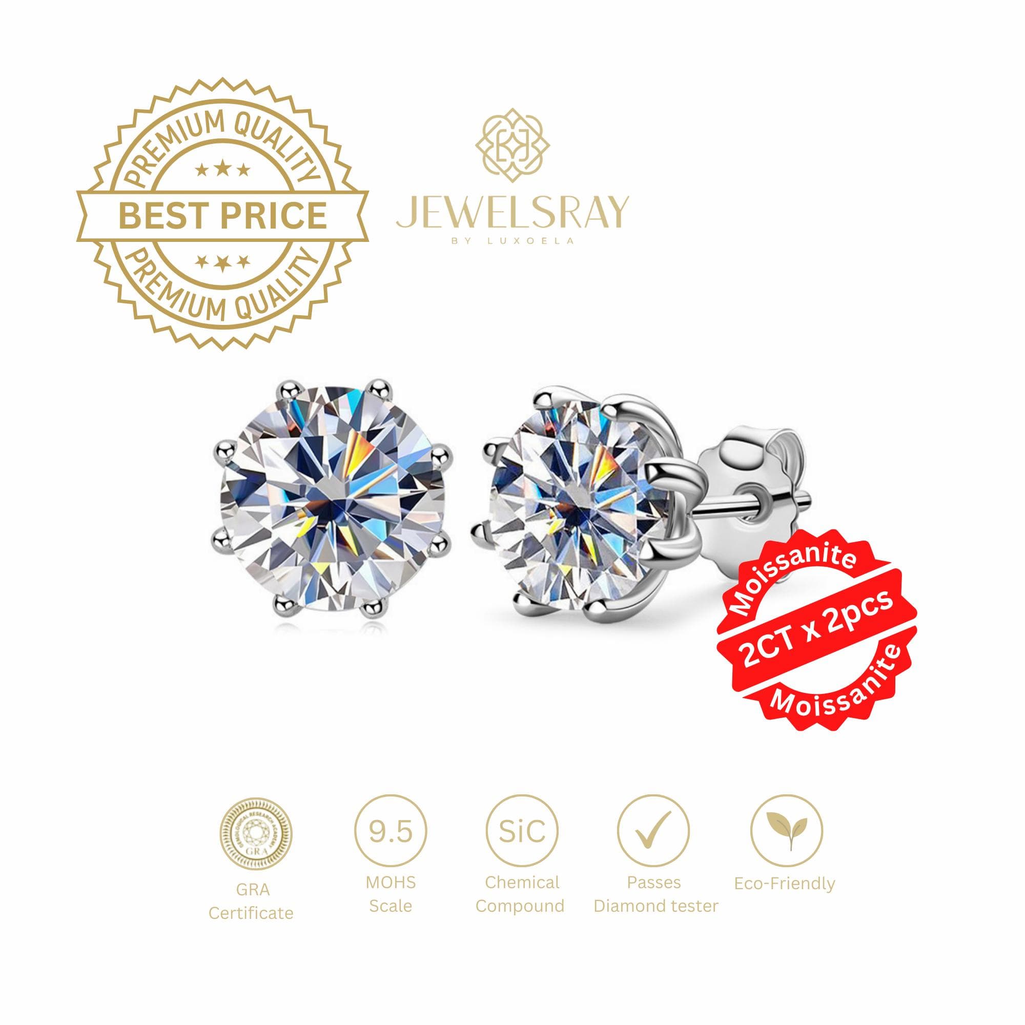 Louis Earrings Moissanite 2 CT - Diamond Look Anting Berlian Setting